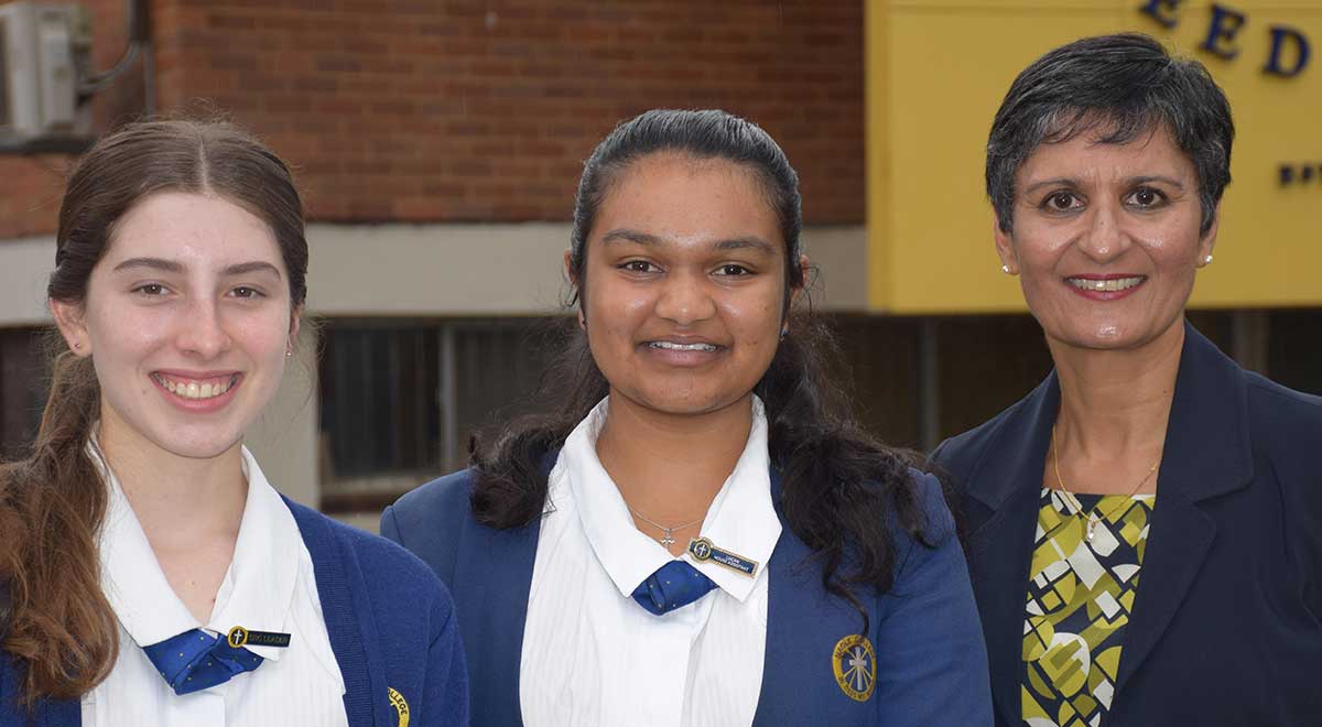 Harinder Sidhu, Australia's High Commissioner to India, with students at Nagle College, Blacktown.